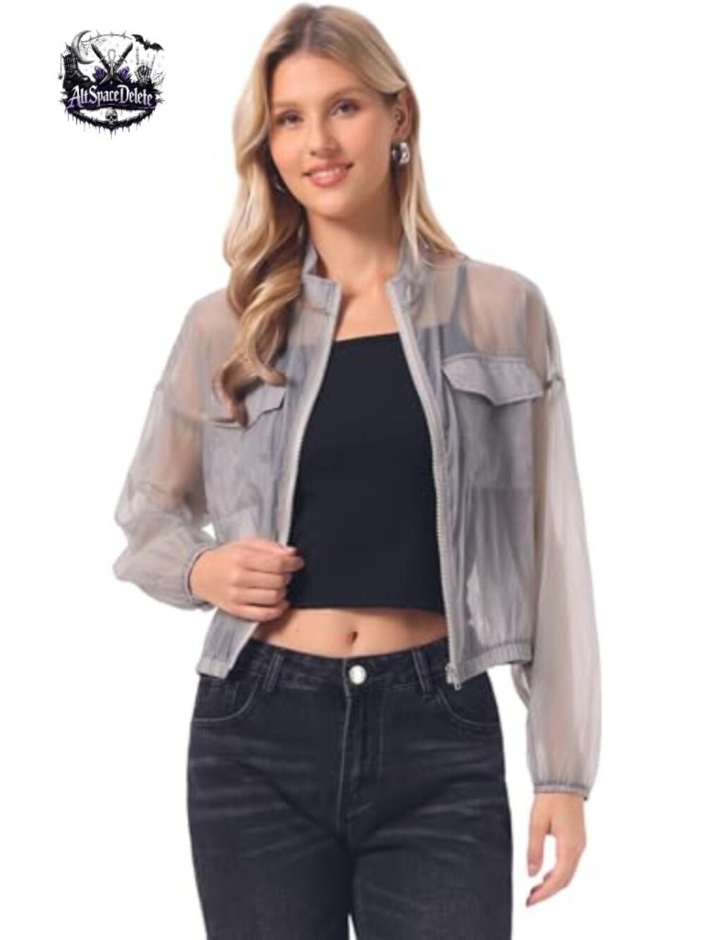 Sheer Mesh Zip Up Bomber Jacket Long Sleeve Mock Neck Short Length